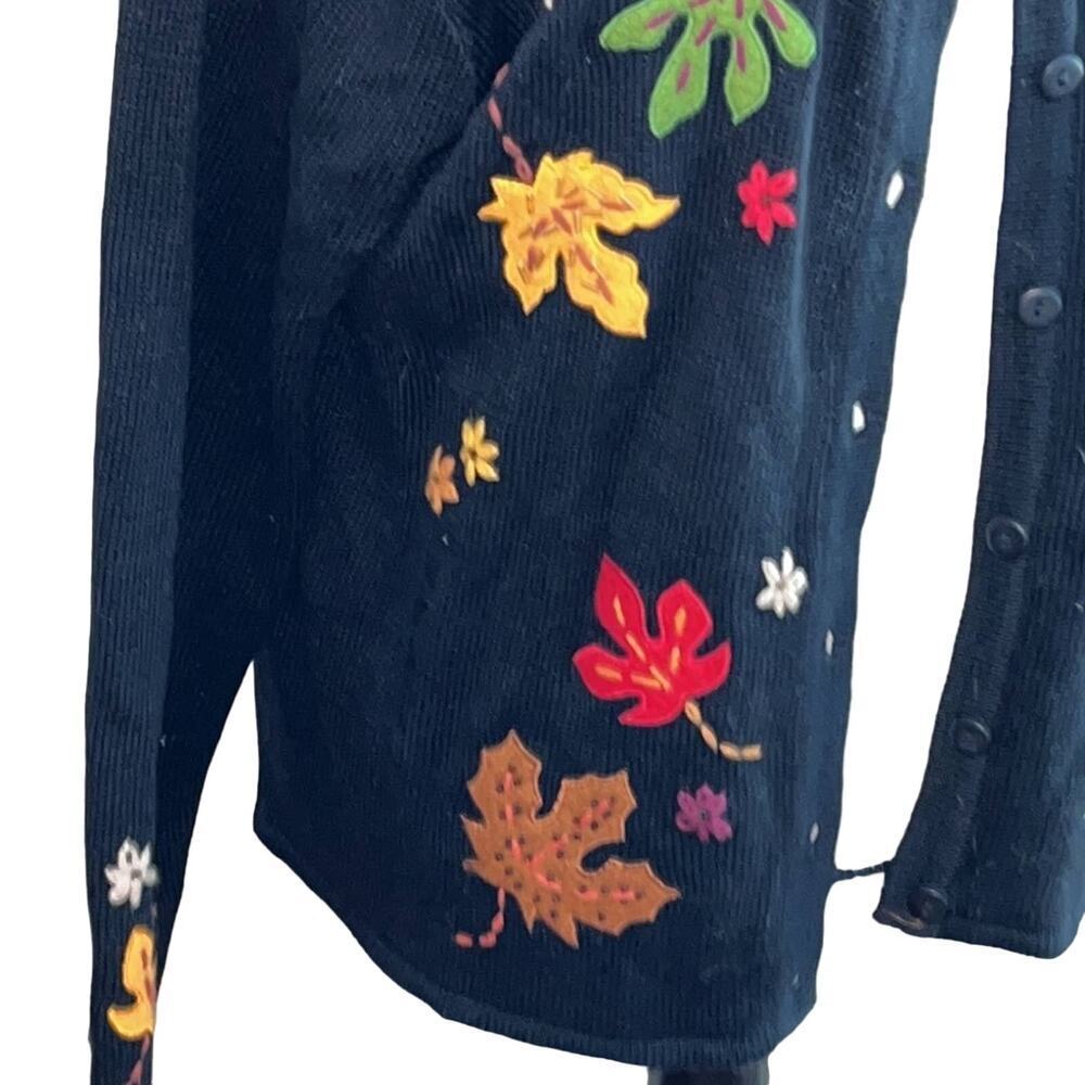 VTG 90s Black Felted Fall Autumn Leaves Nature Button Cardigan Sweater Large - Picture 5 of 7